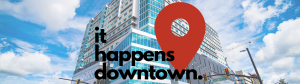 A photo of the downtown campus UnionWest building with a red location icon and the text, "it happens downtown."