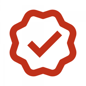 A simple red icon of a checkmark in a star outline
