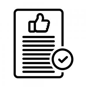 A simple, illustrated graphic of a document with a thumbs up and check mark. 